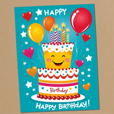 A Birthday card with a happy Birthday cake with balloons and stars on it, with a happy face on top of the cake, and a balloon in the middle of the card, paper texture, a pastel, naive art