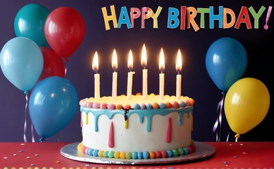 A Birthday cake with candles and balloons in the background with a happy Birthday message on it's side and a purple background with a red table cloth with a red table cloth and blue, happy, a pastel, computer art