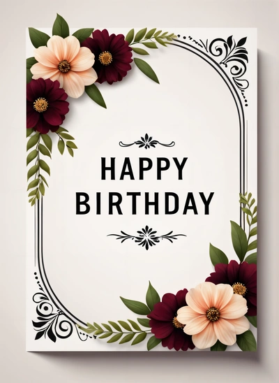 A happy Birthday card with flowers and leaves on it, with the words happy Birthday written in black on the front of the card and bottom, offset printing technique, a poster, international typographic style