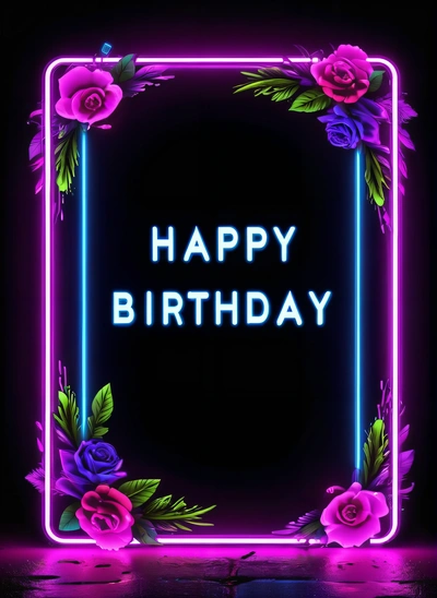 A neon sign with roses and leaves on it that says happy Birthday in a square frame with a neon frame and a blue background with a, neon lighting, a poster, computer art