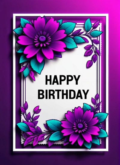 A purple and blue flowered Birthday card with a white frame and a purple background with a white border and a black text that reads happy Birthday, purple, a poster, computer art