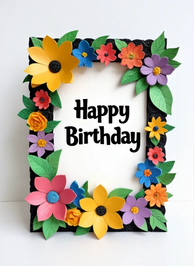 A Birthday card with flowers and a happy Birthday message in the middle of it, on a white background with a pink border around the edges, paper texture, a pastel, folk art