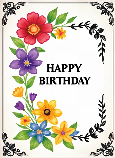 A happy Birthday card with flowers and leaves on it, with the words happy Birthday written in the middle of the card, and a black border, plain background, a cross stitch, naive art