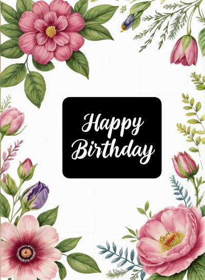A Birthday card with pink flowers and green leaves on it, and a black square frame with the words happy Birthday written in white lettering, plain background, a pastel, international typographic style