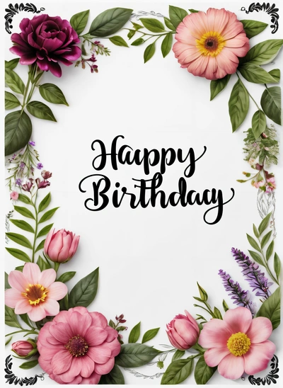 A Birthday card with flowers and leaves on it, with the words happy Birthday written in black ink on a white background with a border, plain background, a poster, international typographic style