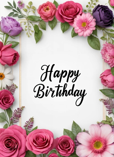 A Birthday card with pink and purple flowers and greenery around it with the words happy Birthday written in black ink on a white background, plain background, a pastel, international typographic style