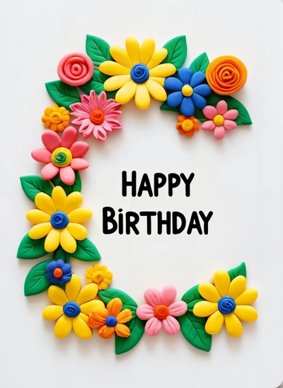 A Birthday card with a wreath of flowers and the words happy Birthday written in black on a white background with a white border around the wreath, plain background, a pastel, naive art