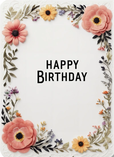 A Birthday card with flowers and a happy Birthday message in the middle of the card is a white square with a black lettering that reads happy Birthday, plain background, a pastel, international typographic style