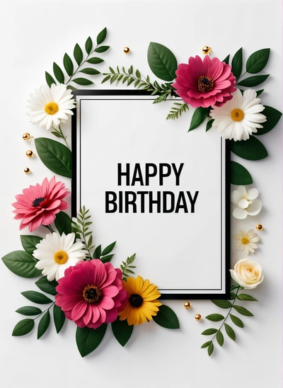 A Birthday card with flowers and leaves around it with the words happy Birthday on it in a square frame surrounded by greenery and flowers, plain background, a pastel, international typographic style