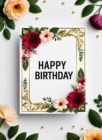 A card with a floral frame and the words happy Birthday on it surrounded by flowers and leaves on a white background with gold trimming, plain background, a wireframe diagram, international typographic style