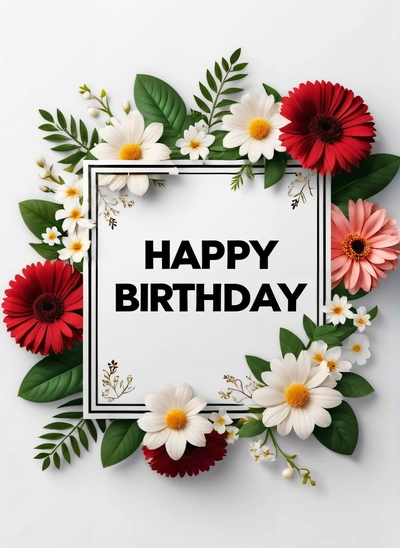 A happy Birthday card with flowers and leaves around it on a white background with a black frame and a white square with the words happy Birthday, plain background, a wireframe diagram, international typographic style