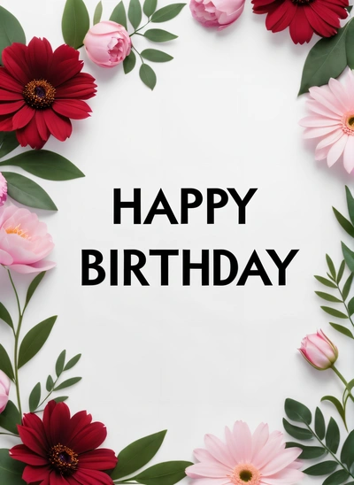 A white background with pink and red flowers and the words happy Birthday written in black on the bottom of the image and the words happy Birthday written in black, plain background, a pastel, international typographic style