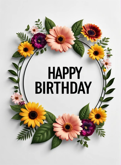 A Birthday card with flowers and leaves around it that says happy Birthday on a white background with a pink border around the edges of the card, plain background, a wireframe diagram, international typographic style