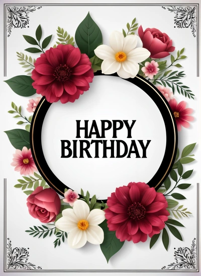 A Birthday card with flowers and a black circle frame on a white background with a black border and a black and white border with the words happy Birthday, plain background, a poster, international typographic style