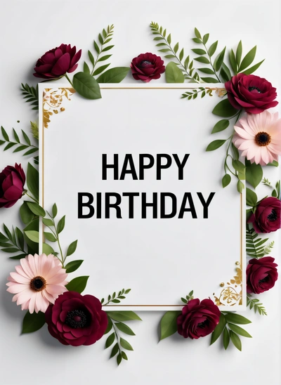 A white square with a gold frame and flowers around it that says happy Birthday on a white background with a gold border around the edges, plain background, a pastel, international typographic style