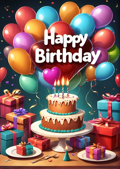 A Birthday cake with candles and balloons on a table with presents and a happy Birthday card in the middle of the picture is a Birthday cake, plain background, a pastel, american barbizon school