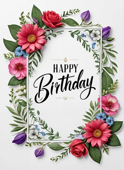 A Birthday card with flowers and leaves around it with the words happy Birthday on it in a square frame with a pink border around the edges, paper texture, a pastel, international typographic style