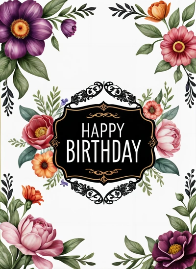 A Birthday card with flowers and a black frame with a happy Birthday message in the center of the card is a black and white frame with a black, plain background, a pastel, international typographic style
