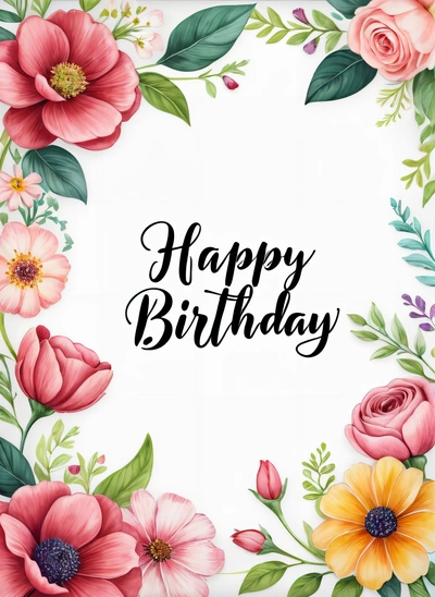 A Birthday card with flowers and leaves on it, with the words happy Birthday written in black ink on a white background with a floral border, plain background, a pastel, international typographic style