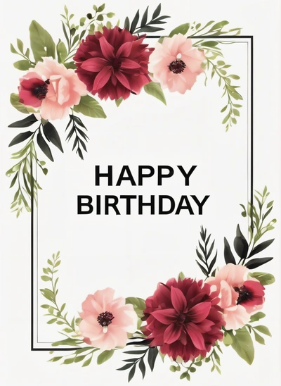 A happy Birthday card with flowers and leaves on it, with the words happy Birthday written in black on the front of the card and bottom, plain background, a poster, international typographic style