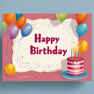 A Birthday card with a cake and balloons on it with a happy Birthday message on it's side and a pink background with a white border, plain background, a pastel, international typographic style