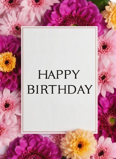 A white sign with a happy Birthday written on it surrounded by flowers in a circle of pink, yellow and purple flowers with a white background, plain background, a pastel, international typographic style