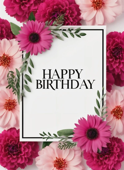 A white card with a black frame surrounded by pink flowers and greenery with the words happy Birthday written in the center of the card, plain background, a pastel, international typographic style