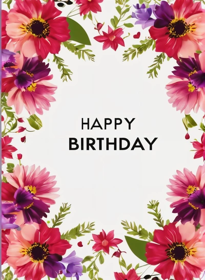 A Birthday card with a floral frame and a happy Birthday message in the center of the card is a white background with a pink, purple, red, purple, and green, and yellow flower, plain background, a pastel, international typographic style