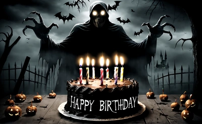 A Birthday cake with candles and a grime - clad figure in the background with bats and pumpkins around it and a creepy man with a hood on, dark background, a pastel, gothic art