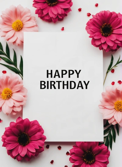 A white sheet with a black lettering on it surrounded by pink flowers and leaves and a white background with a white sheet that says happy Birthday, plain background, a pastel, international typographic style