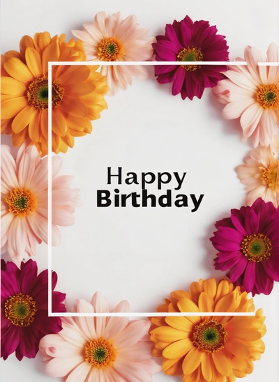 A square frame with flowers surrounding it that says happy Birthday on a white background with a white square frame in the middle of the frame, plain background, a pastel, international typographic style