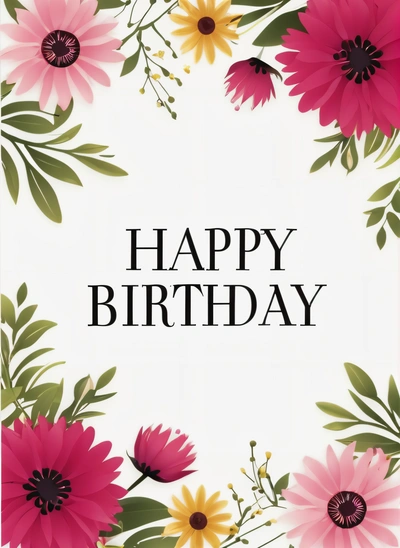 A Birthday card with a floral border and a happy Birthday message in the center of the card is a white background with a black and red border, plain background, a pastel, international typographic style