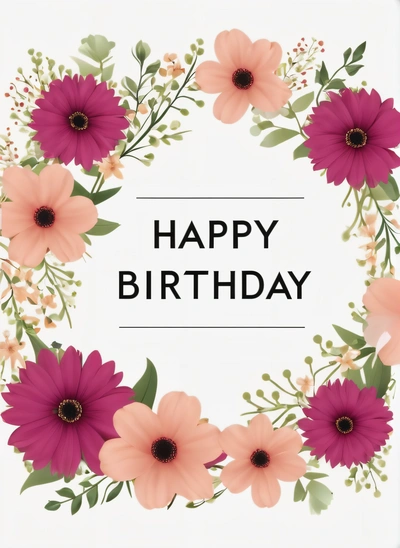 A Birthday card with pink flowers and greenery around it with the words happy Birthday written in the center of the card and a white background, plain background, a pastel, international typographic style