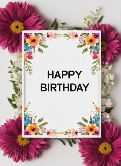 A Birthday card with flowers and a white background with the words happy Birthday written in black on it and a white background with flowers and a, plain background, a pastel, international typographic style