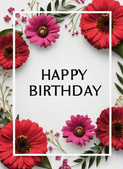 A white square frame with red flowers and green leaves around it that says happy Birthday on a white background with a white square frame with a, plain background, a pastel, international typographic style
