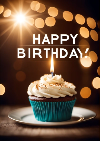 A cupcake with a candle on a plate with a happy Birthday message on it that says happy Birthday, on a boke background of lights, dark background, a pastel, american barbizon school