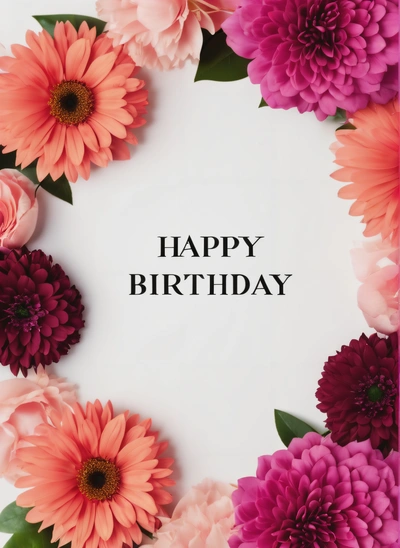 A Birthday card with pink and purple flowers and a white background with the words happy Birthday written in black on the bottom of the card, plain background, a pastel, barbizon school