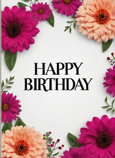 A Birthday card with pink and orange flowers and a black text that reads happy Birthday on it's front corner with a white background, plain background, a pastel, international typographic style