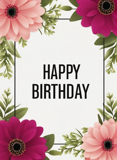 A Birthday card with pink flowers and green leaves on it, and a black frame with the words happy Birthday written in it, in black, plain background, a pastel, international typographic style