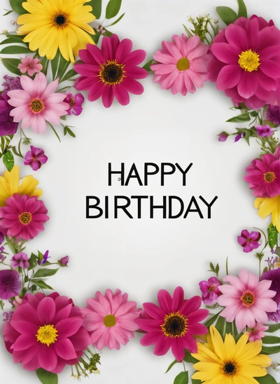 A Birthday card with a wreath of flowers and the words happy Birthday written in black on a white background with a white border around the flowers, plain background, a pastel, international typographic style