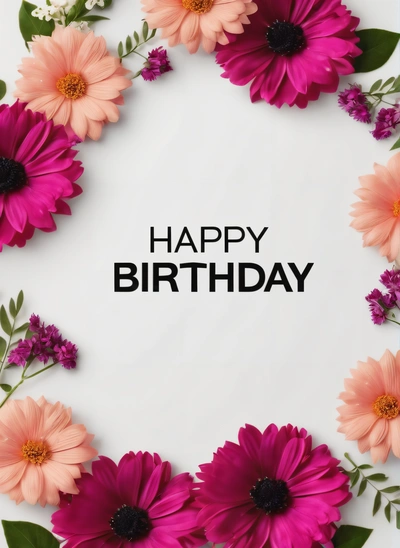 A Birthday card with pink and orange flowers and a black text that reads happy Birthday on a white background with a border of pink and orange flowers, plain background, a pastel, international typographic style