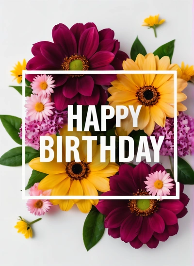 A square frame with flowers and the words happy Birthday on it in white and pink colors with a white border around it and a white square, plain background, a pastel, international typographic style