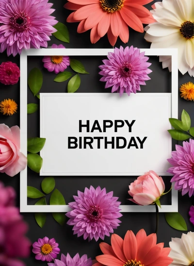 A Birthday card with flowers surrounding it and a white frame with the words happy Birthday on it in black and white lettering on a black background, plain background, a pastel, international typographic style