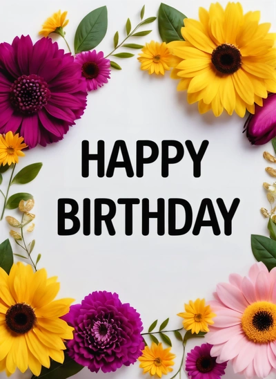 A Birthday card with flowers and leaves around it that says happy Birthday on a white background with a black lettering on the bottom of the card, plain background, a pastel, international typographic style