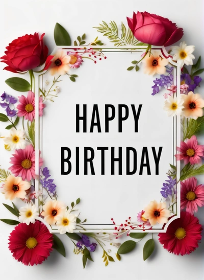 A happy Birthday card with flowers and leaves around it with a white background and a white square frame with the words happy Birthday written in black, plain background, a pastel, international typographic style