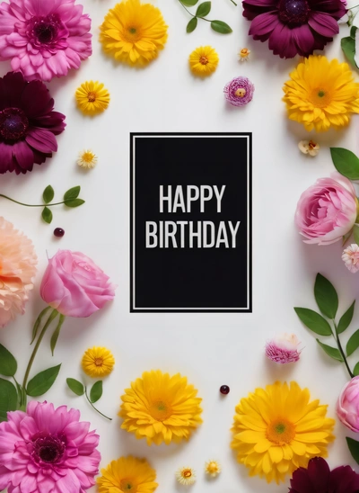A black square card with a happy Birthday message surrounded by flowers and leaves on a white background with a black square in the middle of the card, plain background, a pastel, international typographic style