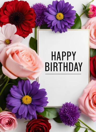 A Birthday card surrounded by flowers and a frame with the words happy Birthday on it in black lettering on a white background with a border, plain background, a pastel, international typographic style