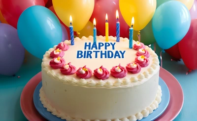 A Birthday cake with candles on it with balloons in the background and a happy Birthday message on the top of the cake is lit up, plain background, a pastel, international typographic style