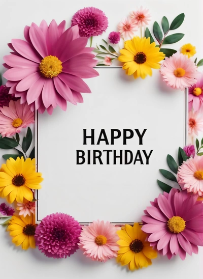 A Birthday card with flowers around it and a white background with a black text that reads happy Birthday on it in a square frame surrounded by, plain background, a pastel, international typographic style