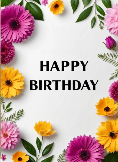 A Birthday card with flowers and leaves on it with the words happy Birthday written in black on a white background with a gold border around the flowers, plain background, a pastel, international typographic style